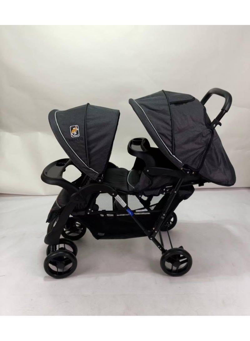 Twins Stroller, Foldable Double Stroller for Newborn and Toddler with Umbrella and Storage Basket (Grey) - Image 3