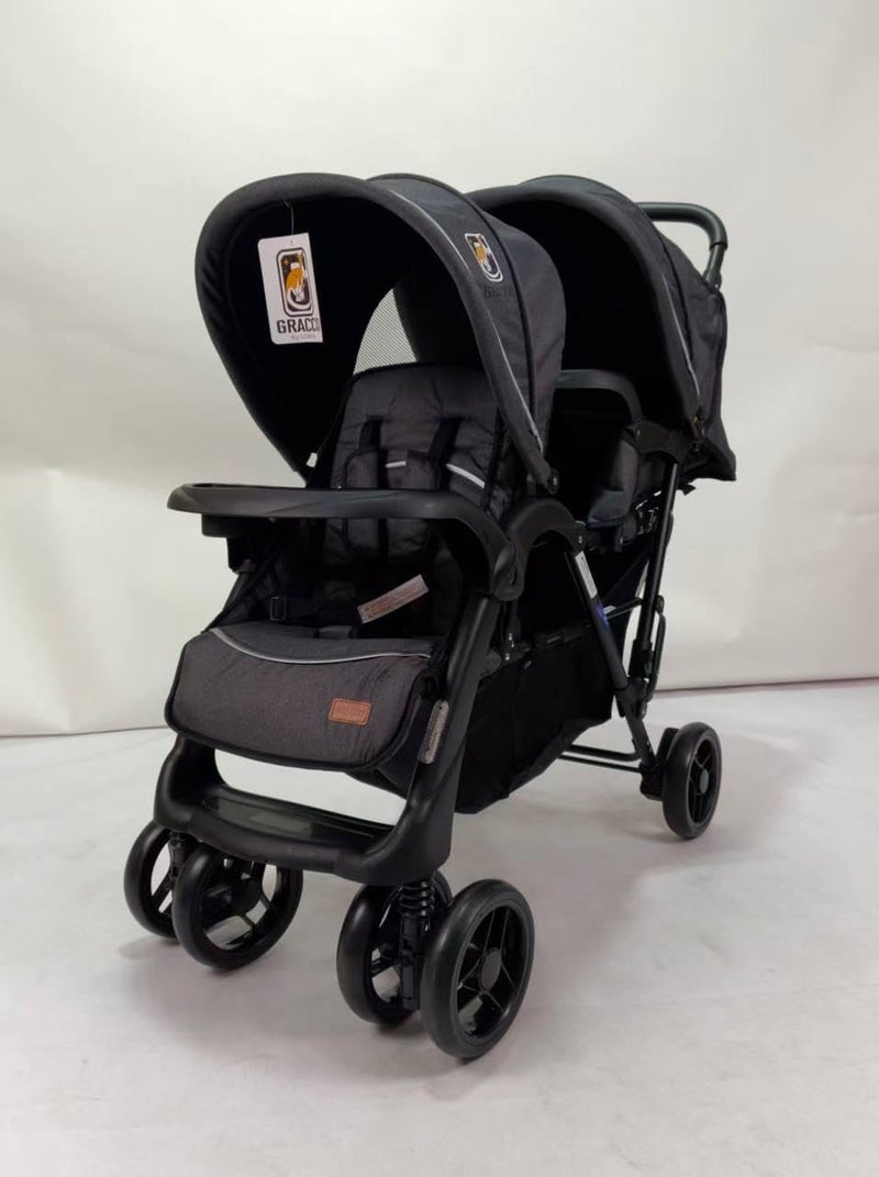 Twins Stroller, Foldable Double Stroller for Newborn and Toddler with Umbrella and Storage Basket (Grey) - Image 2