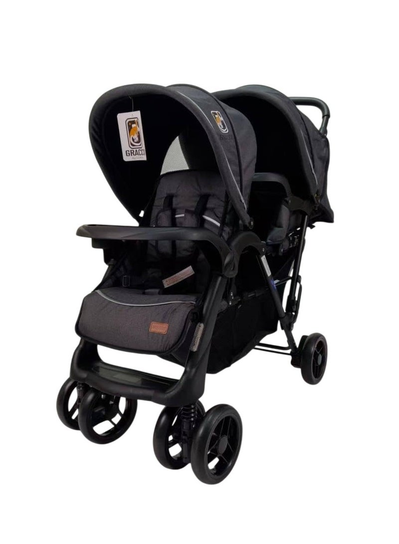 Twins Stroller, Foldable Double Stroller for Newborn and Toddler with Umbrella and Storage Basket (Grey) - Image 1