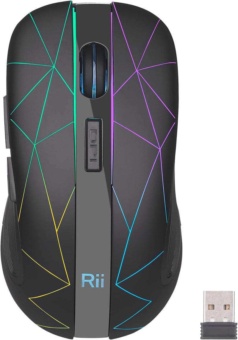 ار اي اي فأرة لاسلكية Rii RM200، فأرة قابلة للشحن بـ5 أزرار، مع أضواء LED ملونة لألعاب الكمبيوتر - أسود - Image 2