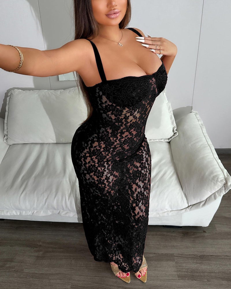 Sliot Elegant Lace Midi Dress for Women - Bodycon Cocktail Party Evening Gown (US, Alpha, Large, Regular, Regular, Black) - Image 3