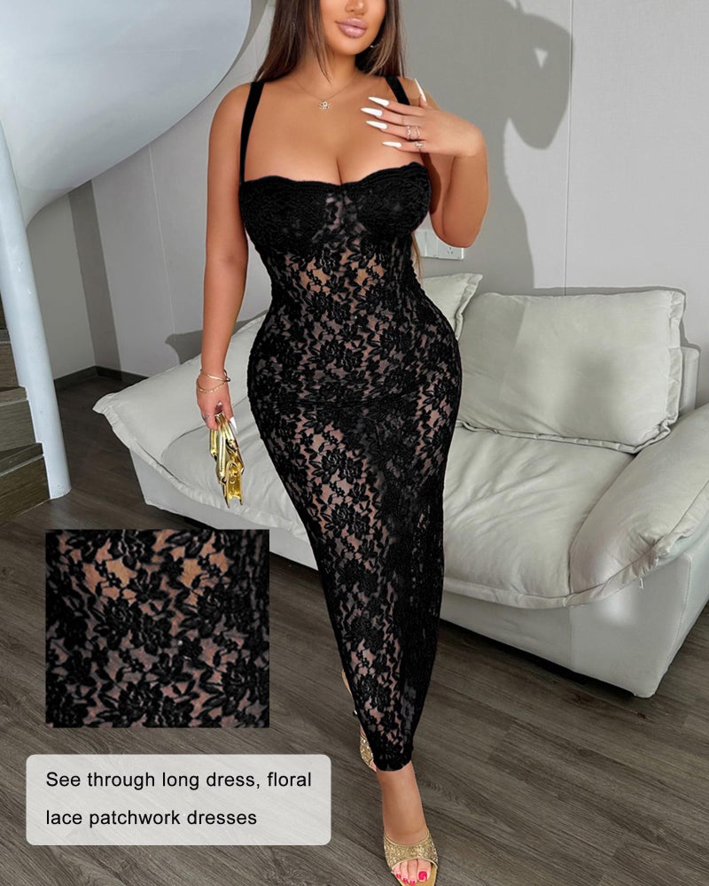 Sliot Elegant Lace Midi Dress for Women - Bodycon Cocktail Party Evening Gown (US, Alpha, Large, Regular, Regular, Black) - Image 4