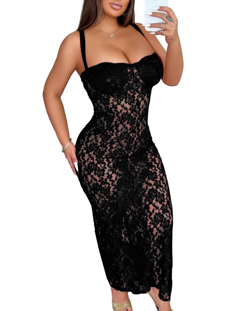 Sliot Elegant Lace Midi Dress for Women - Bodycon Cocktail Party Evening Gown (US, Alpha, Large, Regular, Regular, Black) - Image 1