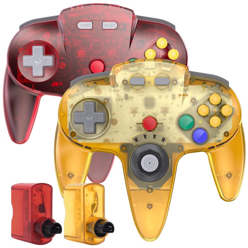 SAFFUN 2.4 GHz Wireless N64 Controller (2 Pack), Receiver, Compatible with N64 Console - Rechargeable, Plug and Play, Built-in Rumble - Clear Yellow/Red - Image 1