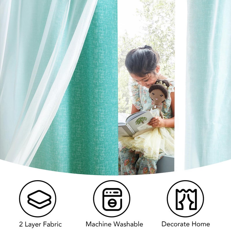 Geomoroccan 100% Blackout Curtains with Sheer Overlay Mix and Match Double Layer Drapes 96 Inch Long 2 Panels for Boys Bedroom Living Room Teal White Ombre Grommet Window Treatment with Tiebacks - Image 5