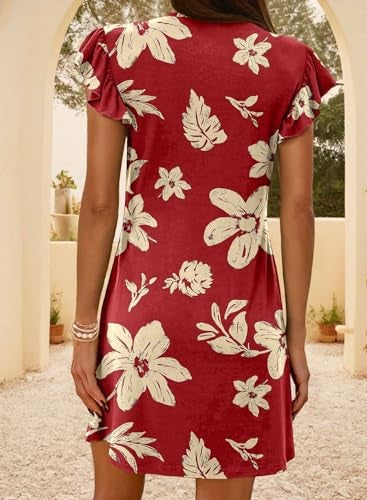 Dokotoo Dresses for Women Floral V Neck Fashion Trendy Mini Dress Boho Maxi Dress 2026 Summer Sundresses Holiday Spring Dresses Red Dress Cute Petite Ruffle Outfits Red - Image 4