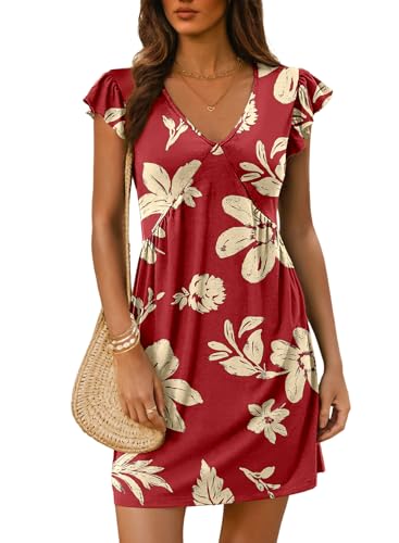 Dokotoo Dresses for Women Floral V Neck Fashion Trendy Mini Dress Boho Maxi Dress 2026 Summer Sundresses Holiday Spring Dresses Red Dress Cute Petite Ruffle Outfits Red - Image 5