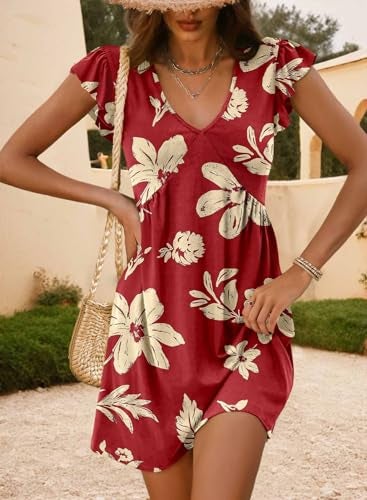 Dokotoo Dresses for Women Floral V Neck Fashion Trendy Mini Dress Boho Maxi Dress 2026 Summer Sundresses Holiday Spring Dresses Red Dress Cute Petite Ruffle Outfits Red - Image 3