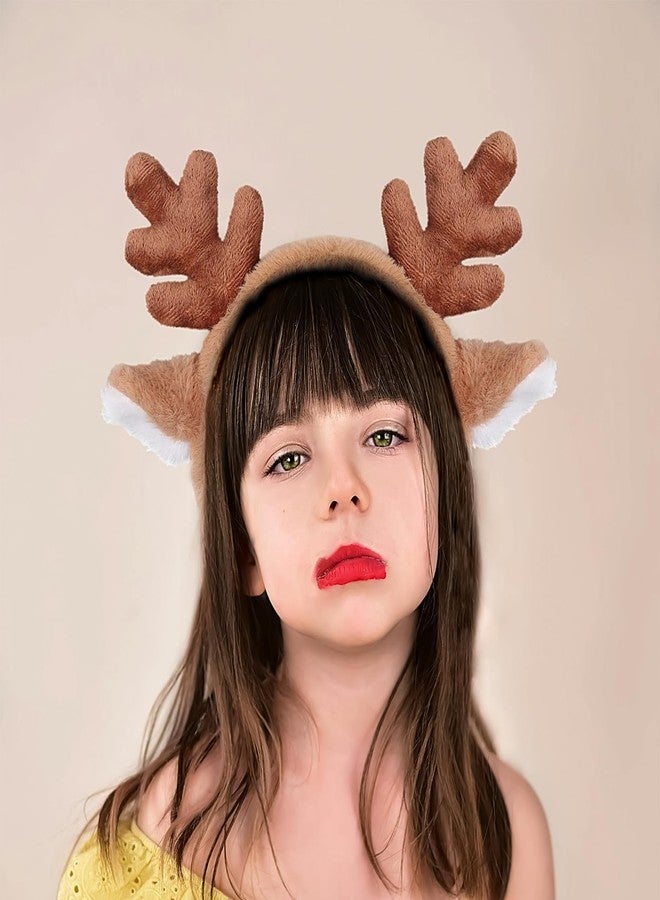 Doneace Reindeer Antlers Headband Christmas Headbands for Women Cute Animal Ears Hairband Fluffy Realistic Deer Antlers Hair Hoop for Winter Xmas Hair Accessory Festival New Year Party Headwear 1PCS (Brown) - Image 5