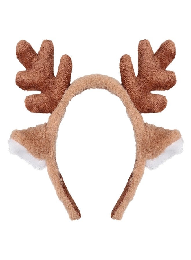 Doneace Reindeer Antlers Headband Christmas Headbands for Women Cute Animal Ears Hairband Fluffy Realistic Deer Antlers Hair Hoop for Winter Xmas Hair Accessory Festival New Year Party Headwear 1PCS (Brown) - Image 1