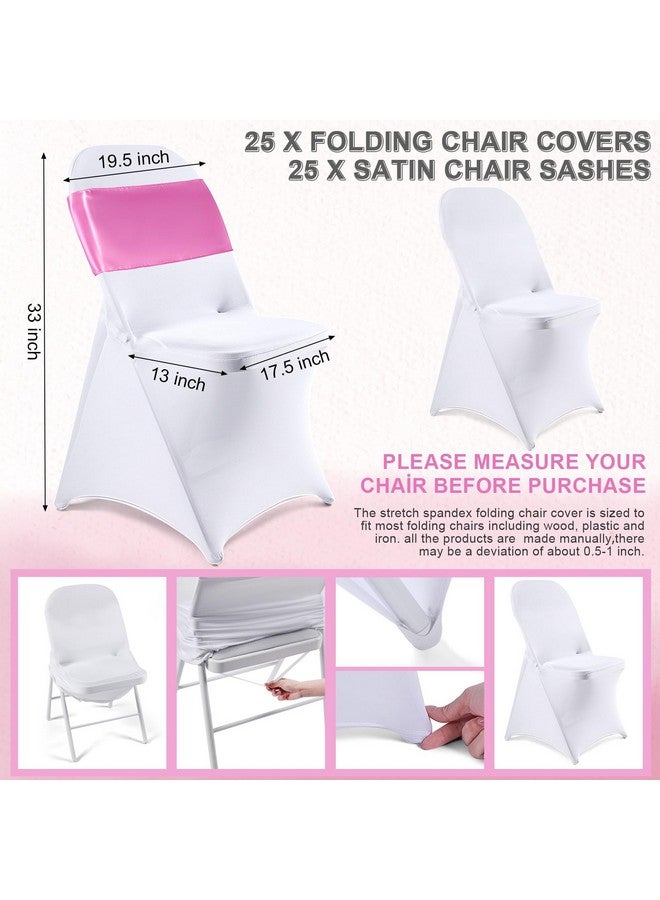 Lounsweer Lounsweer 50 Pcs Folding Chair Cover Set with 25 Stretch Spandex Slipcovers 25 Satin Chair Sashes Bows Ribbon Washable Banquet Protector for Wedding Event Party(White, Pink)  - Image 2