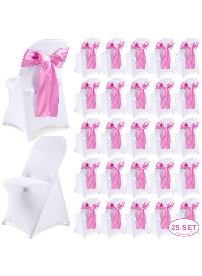 Lounsweer Lounsweer 50 Pcs Folding Chair Cover Set with 25 Stretch Spandex Slipcovers 25 Satin Chair Sashes Bows Ribbon Washable Banquet Protector for Wedding Event Party(White, Pink)  - Image 1