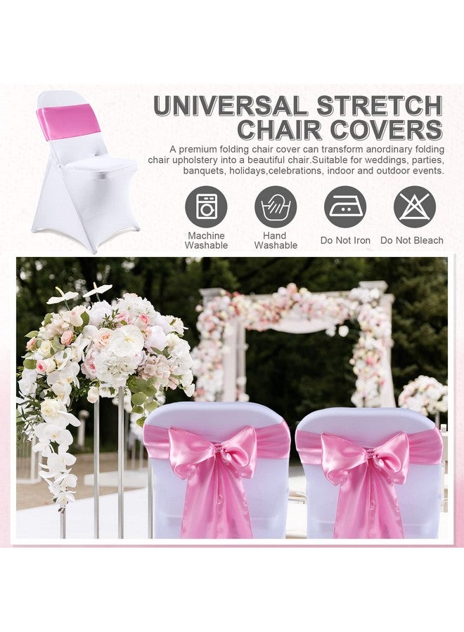 Lounsweer Lounsweer 50 Pcs Folding Chair Cover Set with 25 Stretch Spandex Slipcovers 25 Satin Chair Sashes Bows Ribbon Washable Banquet Protector for Wedding Event Party(White, Pink)  - Image 5