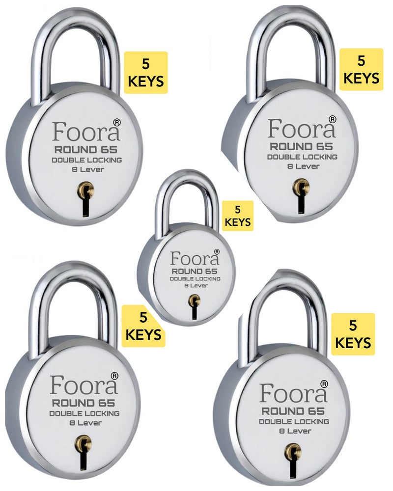Foora Lock and Keys Door Lock for Home Round 65mm with 5 Keys Each Double Locking 8 Lever gate, Shop Shutter (Round 65mm Pack of 5) - Image 1