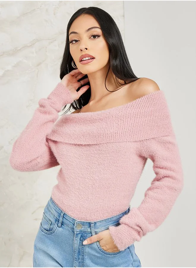 ستايلي Regular Fit Fuzzy Yarn Off Shoulder Neck Sweater