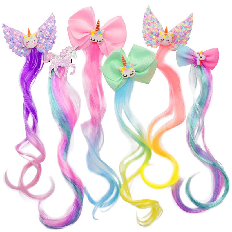Ideal Swan 6 Set Unicorn Hair Extensions Clip - Colorful Curly Hair Extensions for Girls, Cute Unicorn Accessories Hair Clips for Kids Ponytails, Rainbow Thick Wig Clip in Fake Bangs (Curly Hair) - Image 1