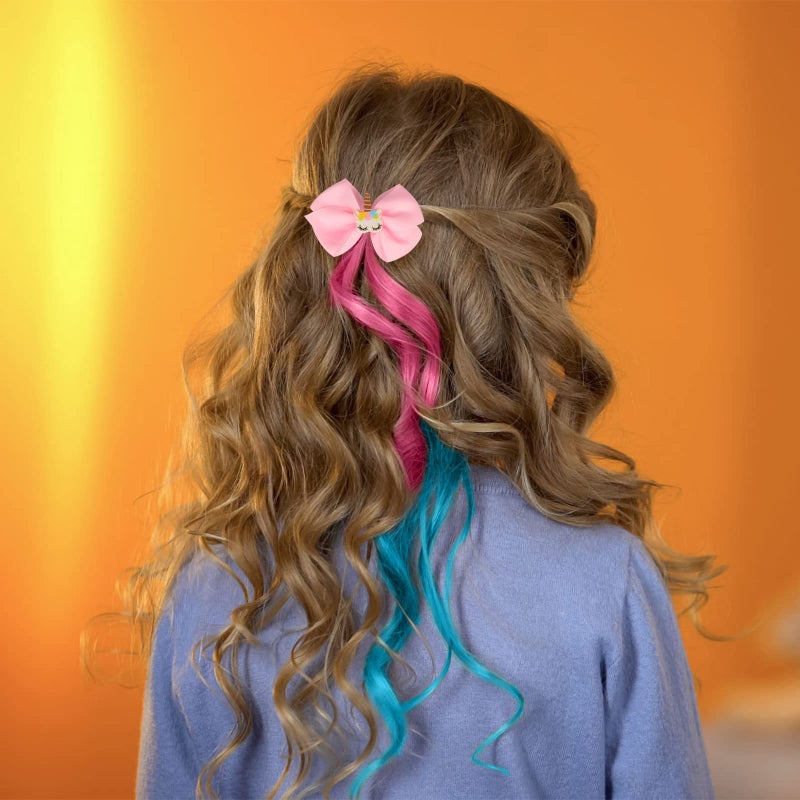 Ideal Swan 6 Set Unicorn Hair Extensions Clip - Colorful Curly Hair Extensions for Girls, Cute Unicorn Accessories Hair Clips for Kids Ponytails, Rainbow Thick Wig Clip in Fake Bangs (Curly Hair) - Image 5