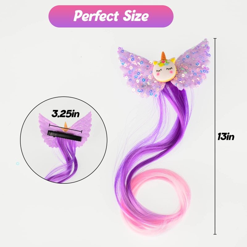 Ideal Swan 6 Set Unicorn Hair Extensions Clip - Colorful Curly Hair Extensions for Girls, Cute Unicorn Accessories Hair Clips for Kids Ponytails, Rainbow Thick Wig Clip in Fake Bangs (Curly Hair) - Image 2