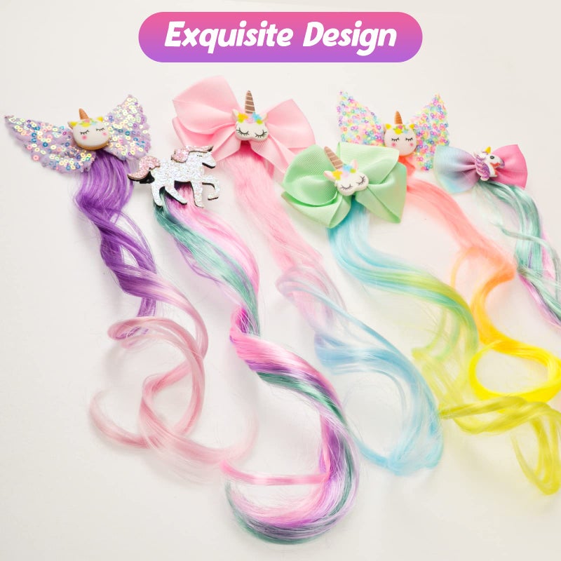 Ideal Swan 6 Set Unicorn Hair Extensions Clip - Colorful Curly Hair Extensions for Girls, Cute Unicorn Accessories Hair Clips for Kids Ponytails, Rainbow Thick Wig Clip in Fake Bangs (Curly Hair) - Image 3