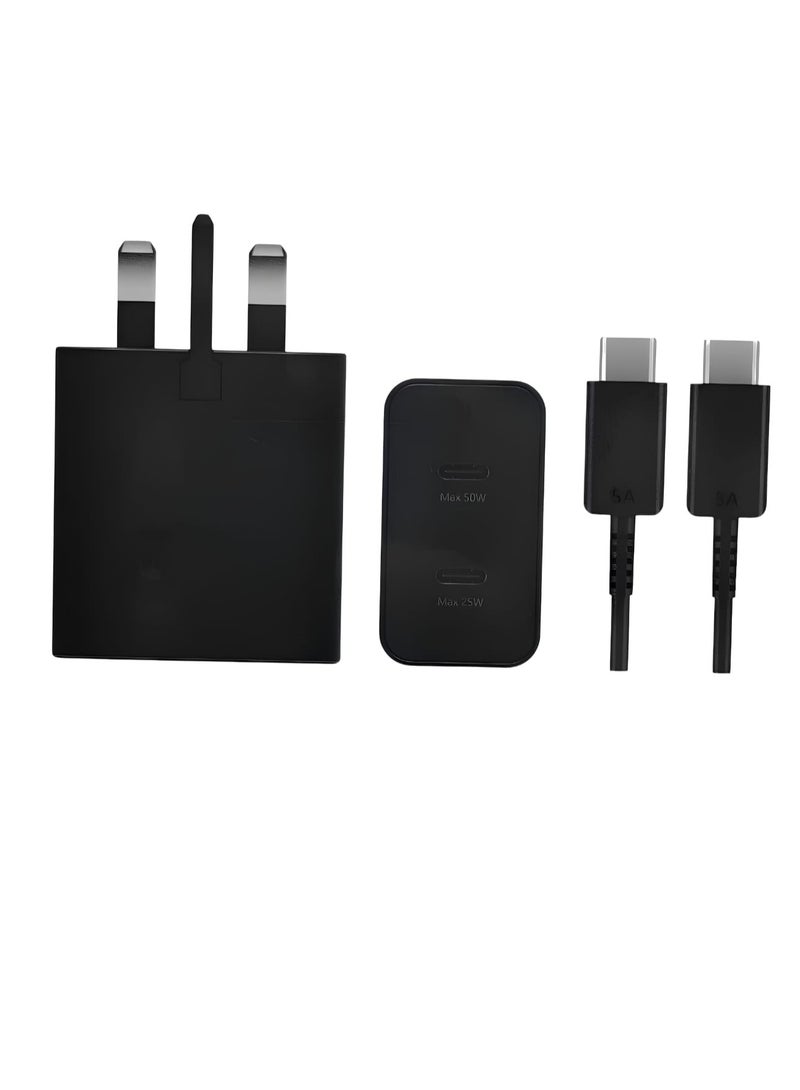 50W Fast Charging Wall Charger with 2 PD Ports and 1.8m 5A Charging Cable Black
