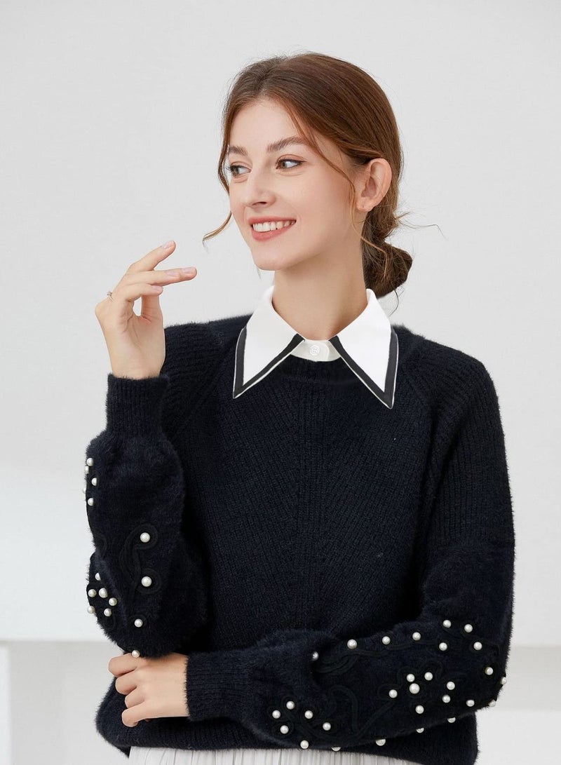 SYOSI Women's Fake Collar Detachable Dickey Collar, Stylish Detachable Half Shirt Blouse, Chiffon Collar for Women & Girls, White + Black - Image 4