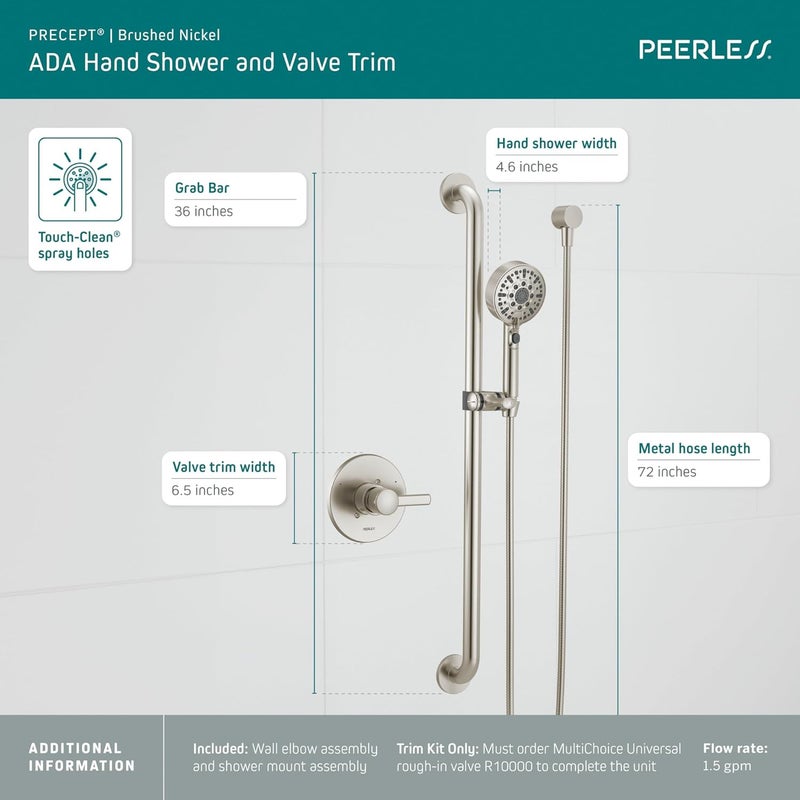 Peerless Peerless PTT24347BN 6Setting Slide Bar Hand Shower and SingleFunction Valve Trim Brushed Nickel Shower System Hand Held Shower with Hose Shower Valve Kit  - Image 3