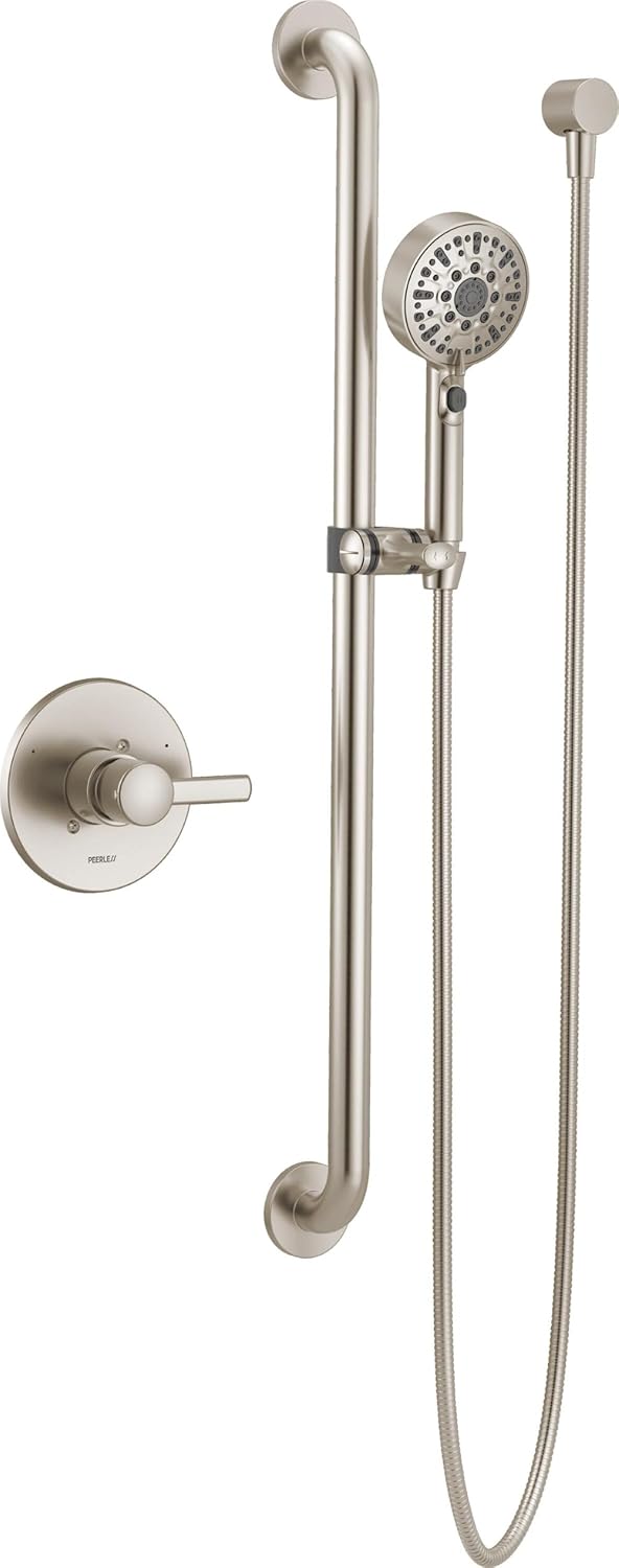 Peerless Peerless PTT24347BN 6Setting Slide Bar Hand Shower and SingleFunction Valve Trim Brushed Nickel Shower System Hand Held Shower with Hose Shower Valve Kit  - Image 1