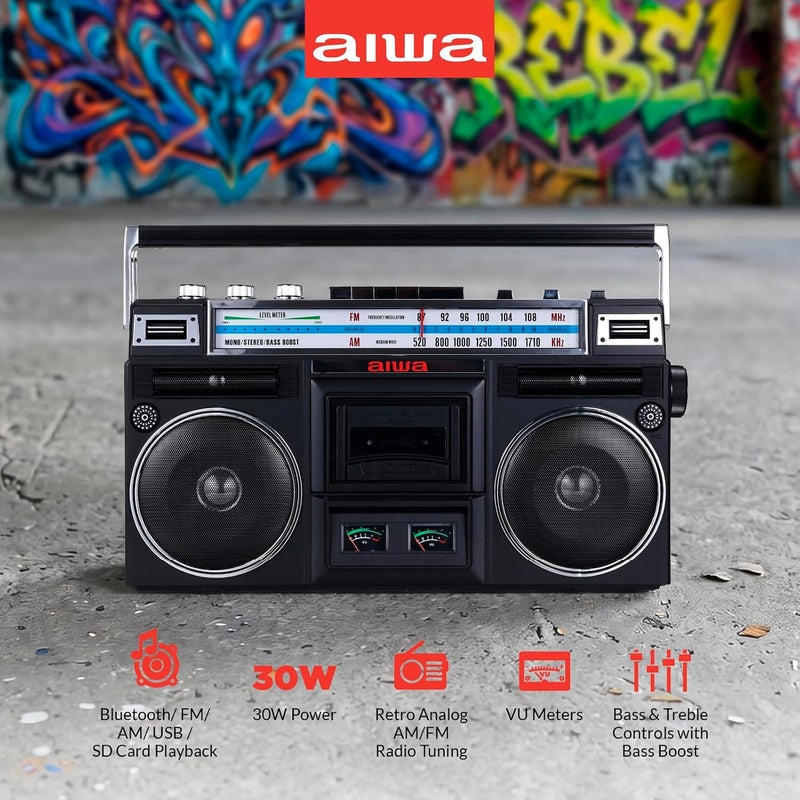أيوا aiwa Portable Retro Boombox BackTrack Jr, Vintage Bluetooth Speaker with Cassette Player, Bluetooth, FM/AM Radio, USB & AUX for Home, Outdoor, and Travel Listening (Black) - Image 4