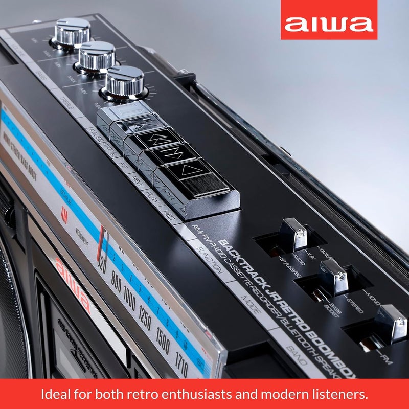 أيوا aiwa Portable Retro Boombox BackTrack Jr, Vintage Bluetooth Speaker with Cassette Player, Bluetooth, FM/AM Radio, USB & AUX for Home, Outdoor, and Travel Listening (Black) - Image 3