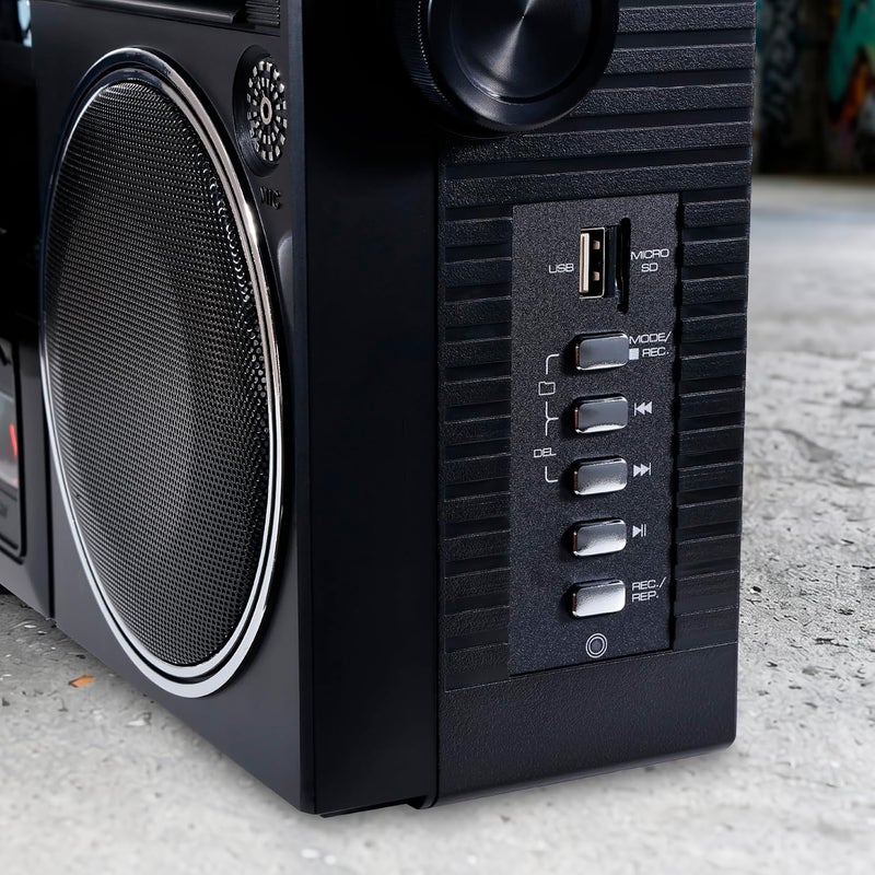 أيوا aiwa Portable Retro Boombox BackTrack Jr, Vintage Bluetooth Speaker with Cassette Player, Bluetooth, FM/AM Radio, USB & AUX for Home, Outdoor, and Travel Listening (Black) - Image 5