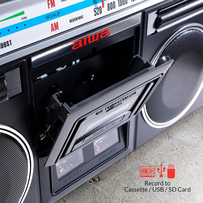 أيوا aiwa Portable Retro Boombox BackTrack Jr, Vintage Bluetooth Speaker with Cassette Player, Bluetooth, FM/AM Radio, USB & AUX for Home, Outdoor, and Travel Listening (Black) - Image 2