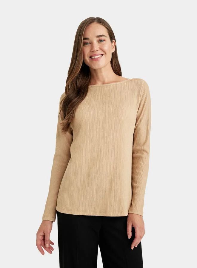 DeFacto Regular Fit Boat Neck Crinkle Long-Sleeve T-Shirt by Styli