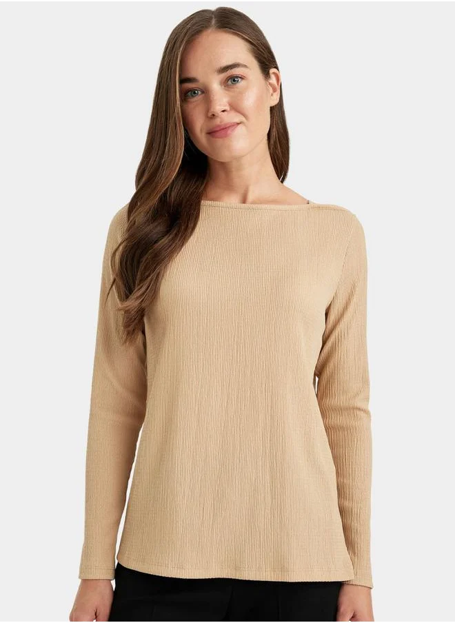 DeFacto Regular Fit Boat Neck Crinkle Long-Sleeve T-Shirt