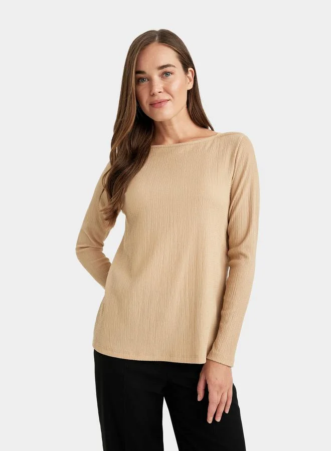 DeFacto Regular Fit Boat Neck Crinkle Long-Sleeve T-Shirt by Styli