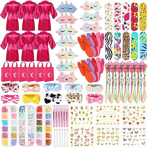 Suhine 6 Sets Girls Spa Birthady Party Supplies Birthday Print Satin Robe Tote Bags Spa Kit Nail Salon KitRose Red - Image 1