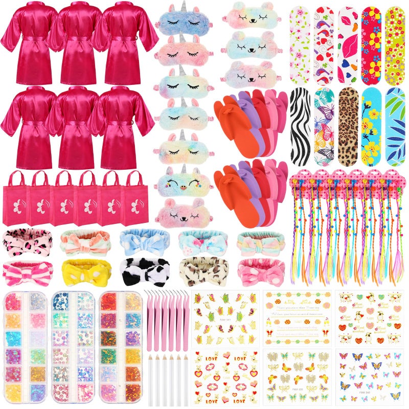 Suhine 6 Sets Girls Spa Birthady Party Supplies Birthday Print Satin Robe Tote Bags Spa Kit Nail Salon KitRose Red - Image 2