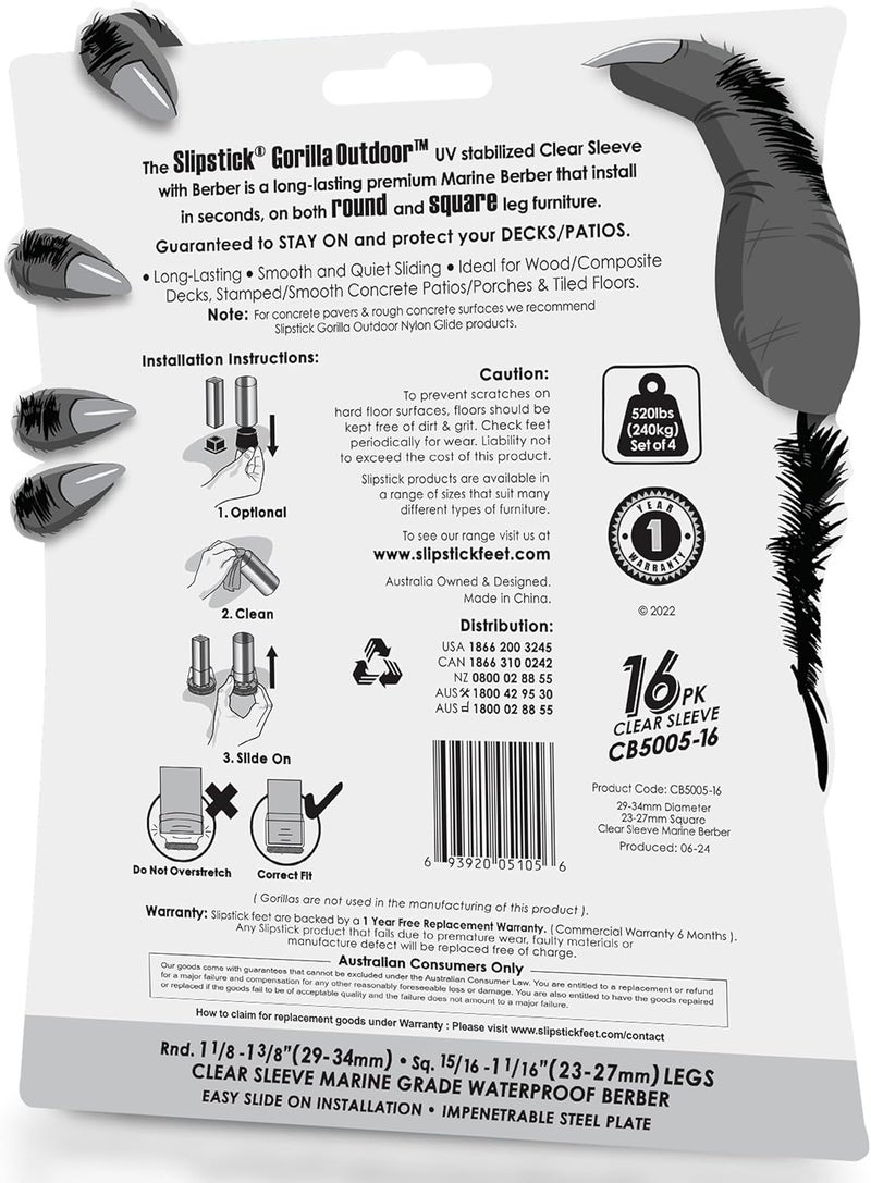 Slipstick GorillaOutdoor Berber Furniture Feet Pads with Clear Sleeve Sock, Weatherproof Outdoor Furniture Floor Protector Sliders (Universal Medium x 16) - Image 5