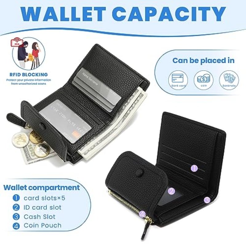 محافظ صغيرة للنساء، محفظة جلدية صغيرة الحجم للسيدات ذات جيب ثنائي الطي ومزودة بتقنية RFID للنساء باللون الأسود - Image 3