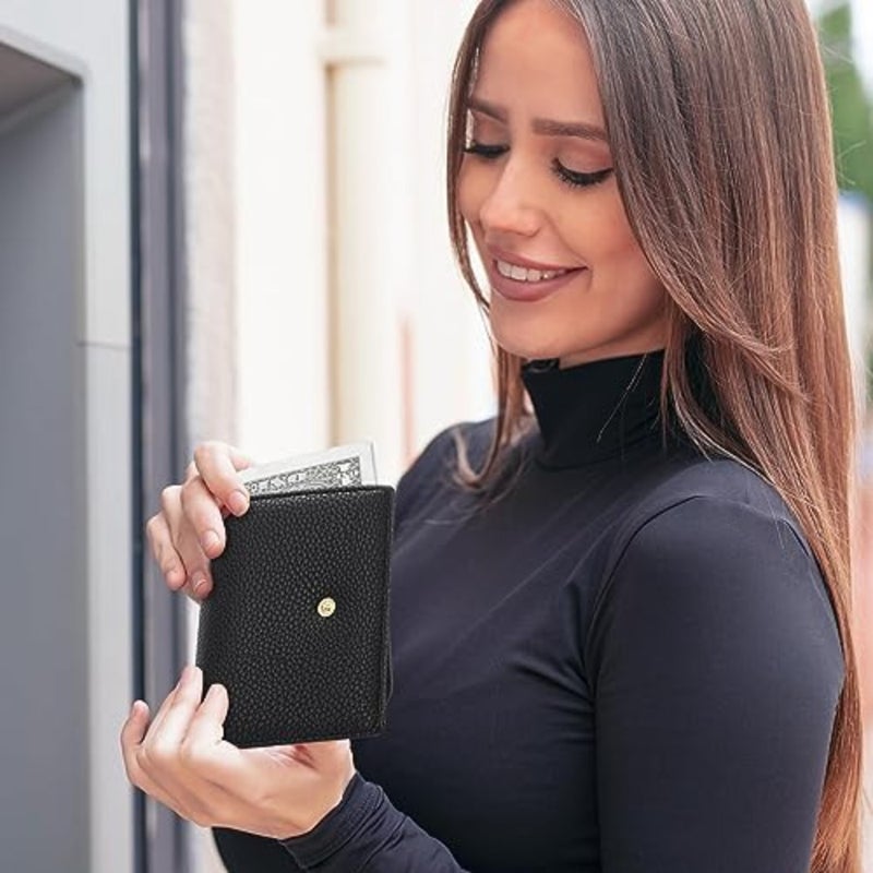 محافظ صغيرة للنساء، محفظة جلدية صغيرة الحجم للسيدات ذات جيب ثنائي الطي ومزودة بتقنية RFID للنساء باللون الأسود - Image 2