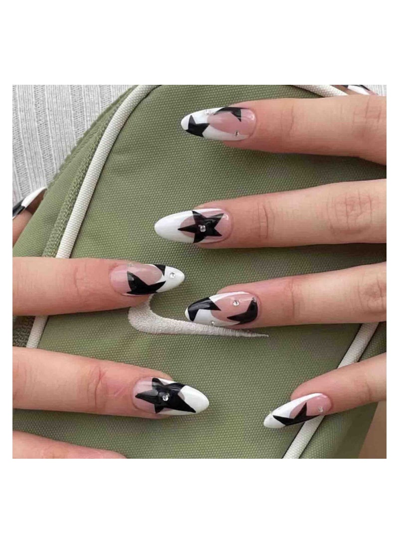 24 Pcs Star Press on Nails Medium French Tip Fake Nails Almond Shape Acrylic Nails with Rhinestones Designs Full Cover White Nail Tips False Nails Artificial Glossy Glue on Nails - Image 1