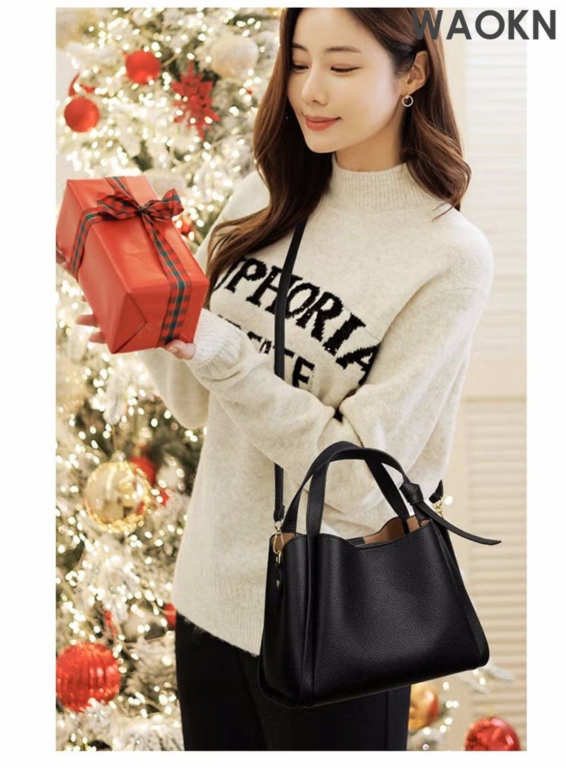 WAOKN Women's shoulder bags, handbags, leather handbags, women's bags, large capacity women's handbags, fashion travel handbags, bucket bags for girlfriends, petal bags, Qixi gift bags, women's bags (black). - Image 2