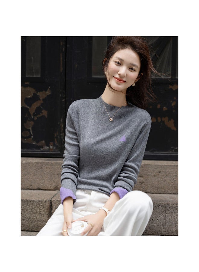 Dme [containing Fluffy Wool] Autumn Semi-turtleneck Slim-fit Sweater, Contrasting Color Jacquard, Pee Knit Top For Wome - Image 4