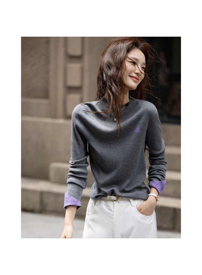Dme [containing Fluffy Wool] Autumn Semi-turtleneck Slim-fit Sweater, Contrasting Color Jacquard, Pee Knit Top For Wome - Image 1