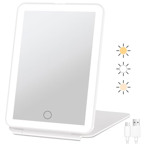 مرآة مكياج سفر قابلة للشحن من FUNTOUCH مع 72 ضوء LED مرآة تجميل مضاءة محمولة 3 ألوان إضاءة قابلة للتعتيم شاشة لمس مرآة تجميل قابلة للطي