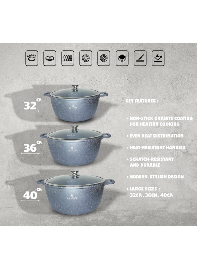 Bidstone طقم أواني الطهي غير اللاصقة من 6 قطع - أواني طهي متميزة بحواف من الفولاذ المقاوم للصدأ، أواني آمنة للاستخدام في الفرن | تشمل أواني الحساء 32 سم (9 ل)، 36 سم (13.2 ل)، و40 سم (19 ل) مع أغطية - Image 2