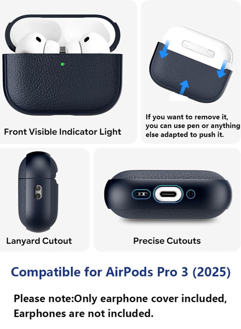 صحرمارت حافظة لجهاز AirPods Pro الجيل الثالث، متوافقة مع AirPods Pro الجيل الثالث (2025)، غطاء حماية من السقوط مع سلسلة مفاتيح، جلد صناعي ليتشي، حافظة TPU واقية مقاومة للصدمات (أزرق داكن) - Image 4