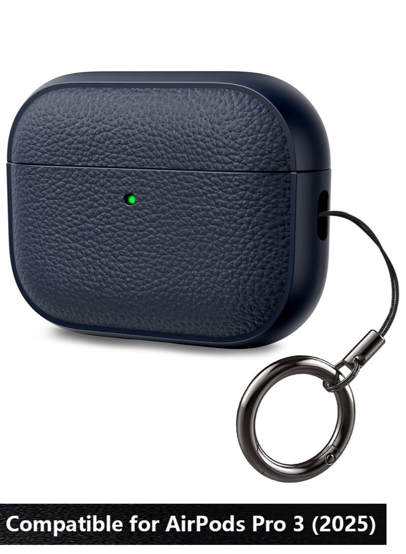 صحرمارت حافظة لجهاز AirPods Pro الجيل الثالث، متوافقة مع AirPods Pro الجيل الثالث (2025)، غطاء حماية من السقوط مع سلسلة مفاتيح، جلد صناعي ليتشي، حافظة TPU واقية مقاومة للصدمات (أزرق داكن) - Image 1