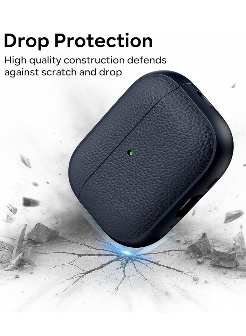 صحرمارت حافظة لجهاز AirPods Pro الجيل الثالث، متوافقة مع AirPods Pro الجيل الثالث (2025)، غطاء حماية من السقوط مع سلسلة مفاتيح، جلد صناعي ليتشي، حافظة TPU واقية مقاومة للصدمات (أزرق داكن) - Image 3
