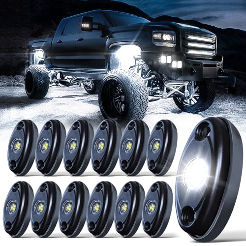 LEDMIRCY LED White Rock Lights 12PCS for Off Road Truck ATV SUV RZR Auto Car Boat Waterproof High Power Underglow Neon Light Underbody Trail TRAI Rig Lights Shockproof12 Pods White