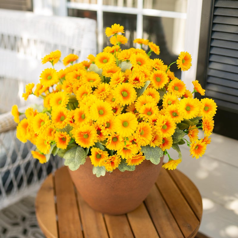 Hyeflora Dahlia الزهور الاصطناعية للديكور في الهواء الطلق الخريف 6 حزم الأمهات وهمية الأصفر الزهور الصناعية النباتات واقعية الزهور الحرير مقاومة للأشعة فوق البنفسجية للزارع الخارجي الباب الأمامي حديقة المنزل الداخلي - Image 4